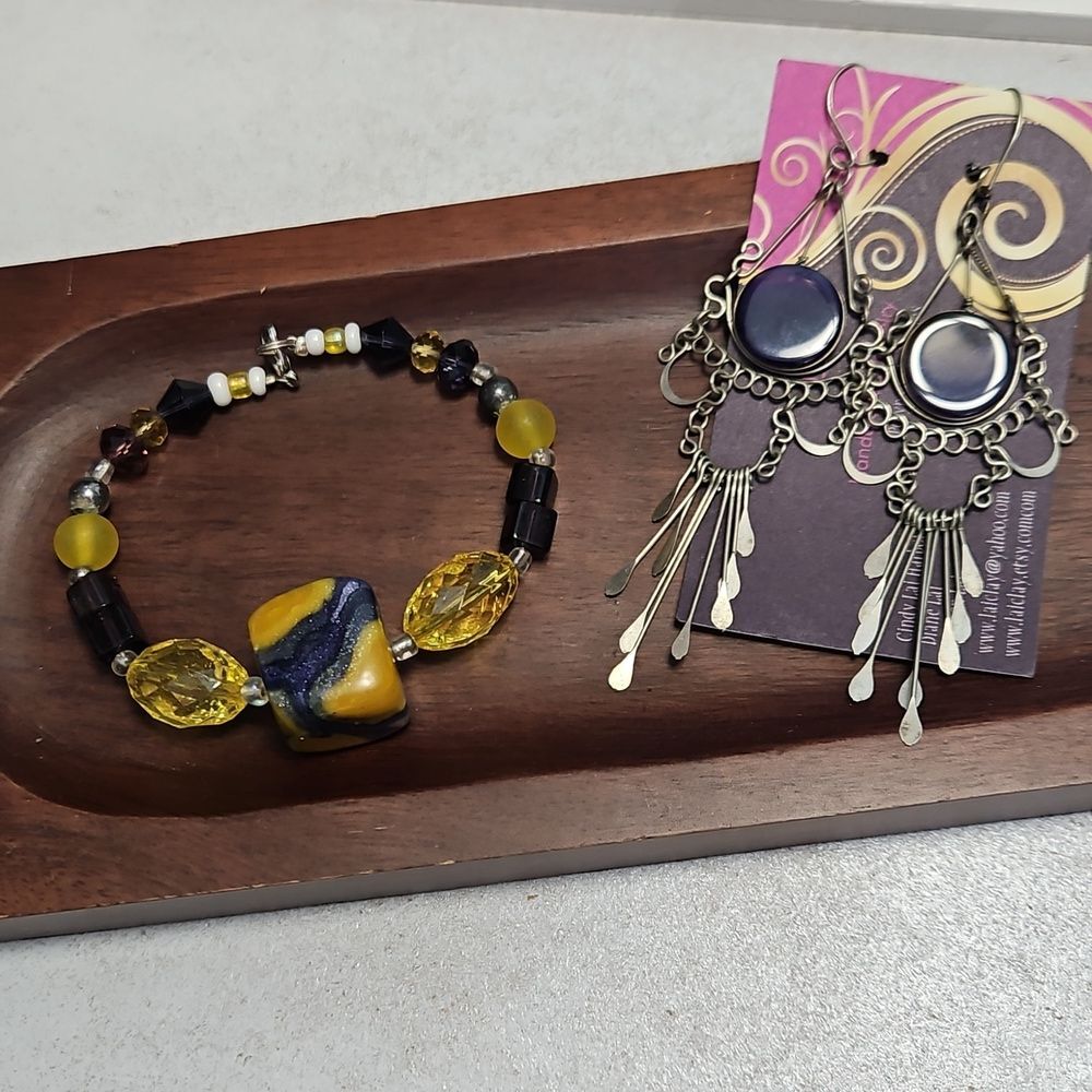 Ballywood Purple & Yellow Beaded Bracelet and Earring Set